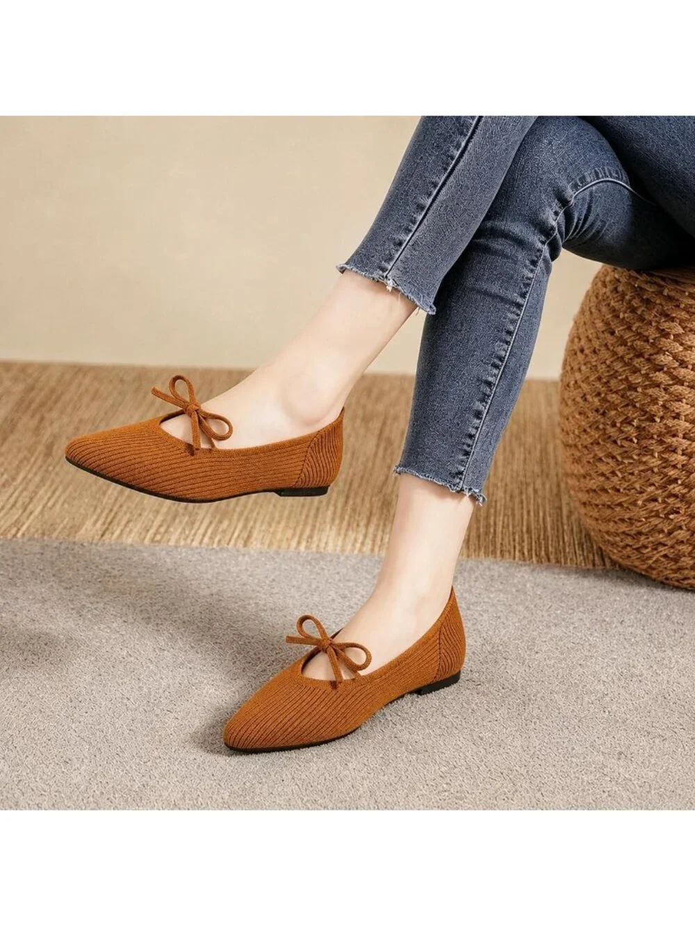 Women's Brown Pointed Toe Knit Ballet Flats Comfortable Pull On Casual Shoes